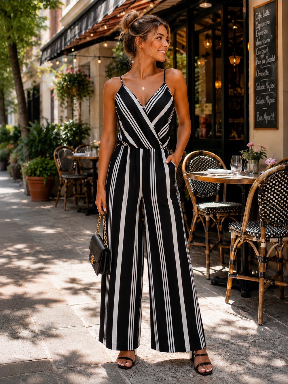 CI SONO Black White Striped Wide Leg Surplice Jumpsuit Pockets Quiet Luxury sz M